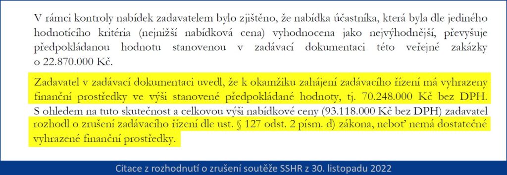 Citace z rozhodnutí o zrušení soutěže SSHR z 30. listopadu 2022