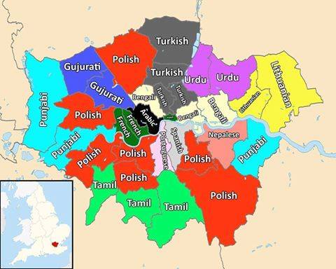 Nejčastější menšinové jazyky v londýnských obvodech